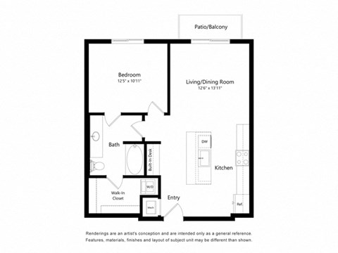 Floor plan for 1 bed, 1 bath, 736 sqft