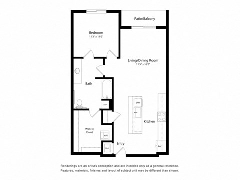Floor plan for 1 bed, 1 bath, 825 sqft