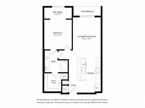 Floor plan for 1 bed, 1 bath, 825 sqft
