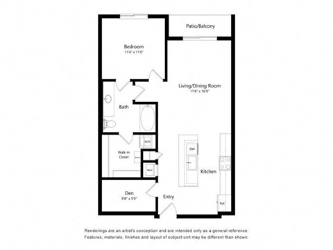 Floor plan for 1 bed, 1 bath, 823 sqft
