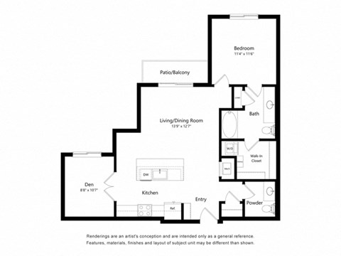 Floor plan for 1 bed, 1 bath, 923 sqft