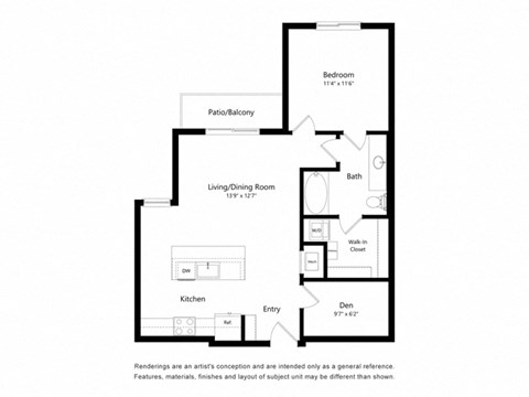 Floor plan for 1 bed, 1 bath, 818 sqft
