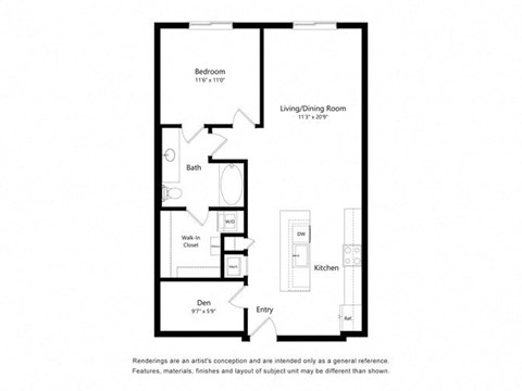 Floor plan for 1 bed, 1 bath, 870 sqft