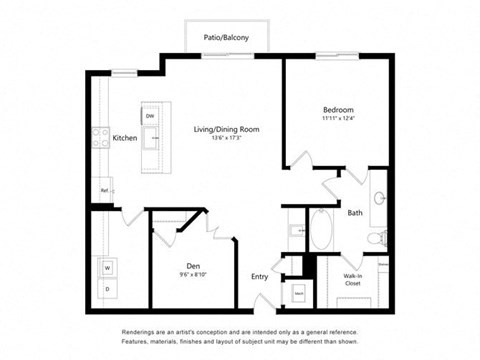 Floor plan for 1 bed, 1 bath, 1033 sqft