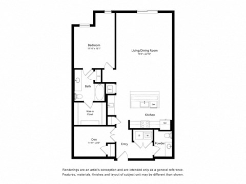 Floor plan for 1 bed, 1 bath, 1241 sqft