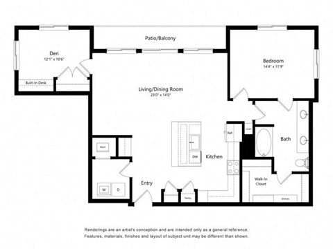 Floor plan for 1 bed, 1 bath, 1223 sqft
