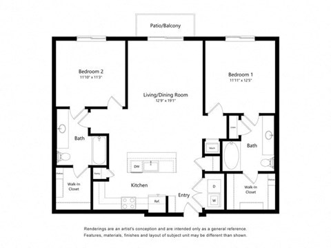 Floor plan for 2 beds, 2 baths, 1145 sqft
