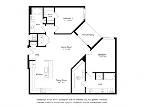 Floor plan for 2 beds, 2 baths, 1278 sqft