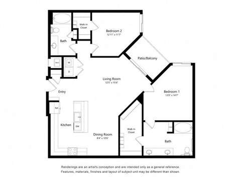 Floor plan for 2 beds, 2 baths, 1278 sqft