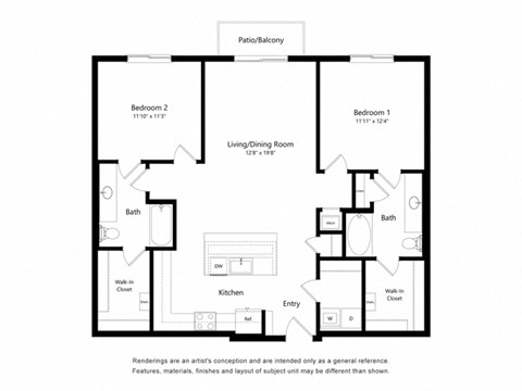 Floor plan for 2 beds, 2 baths, 1221 sqft