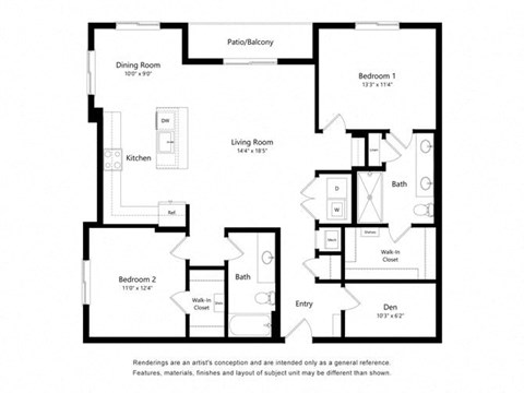 Floor plan for 2 beds, 2 baths, 1366 sqft