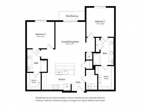 Floor plan for 2 beds, 2 baths, 1222 sqft