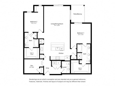 Floor plan for 2 beds, 2 baths, 1646 sqft