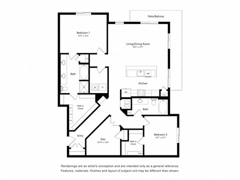 Floor plan for 3 beds, 2 baths, 1582 sqft