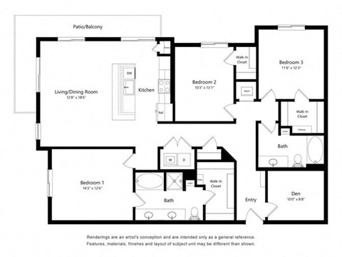 Floor plan for 3 beds, 2 baths, 1619 sqft