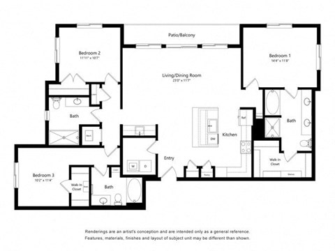 Floor plan for 3 beds, 2 baths, 1699 sqft