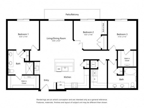 Floor plan for 3 beds, 2 baths, 1464 sqft