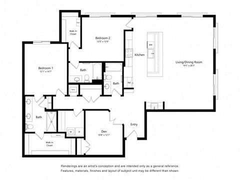 Floor plan for 3 beds, 2 baths, 1873 sqft