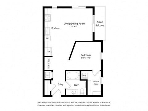 Floor plan for studio, 1 bath, 642 sqft