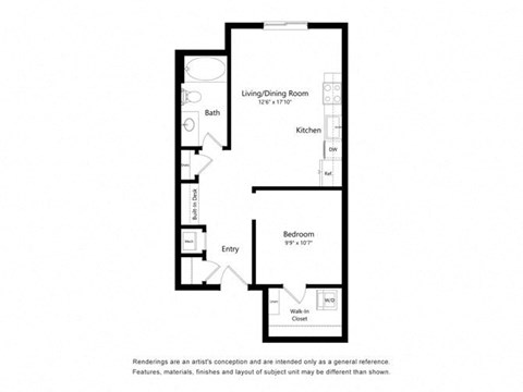 Floor plan for studio, 1 bath, 618 sqft