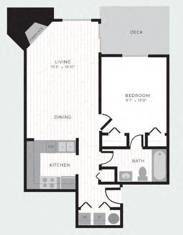 Floor plan for 1 bed, 1 bath, 648 sqft