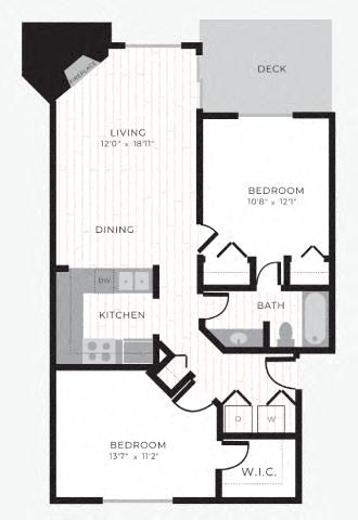 Floor plan for 2 beds, 1 bath, 861 sqft