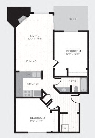 Floor plan for 2 beds, 1 bath, 900 sqft