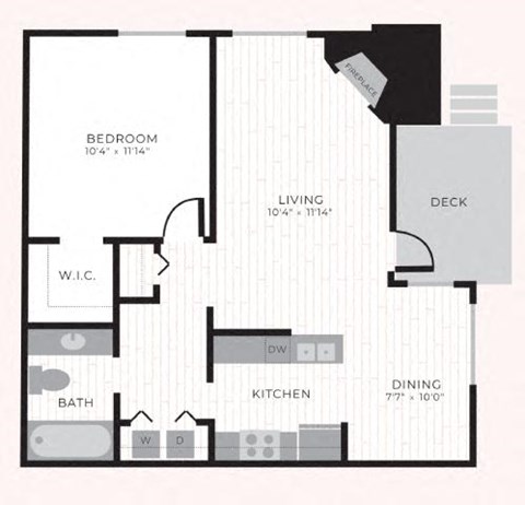 Floor plan for 1 bed, 1 bath, 726 sqft