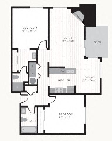 Floor plan for 2 beds, 2 baths, 1001 sqft