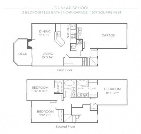 Floor plan for 3 beds, 2.5 baths, 1207 sqft