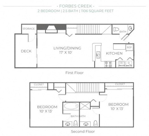 Floor plan for 2 beds, 2.5 baths, 1106 sqft