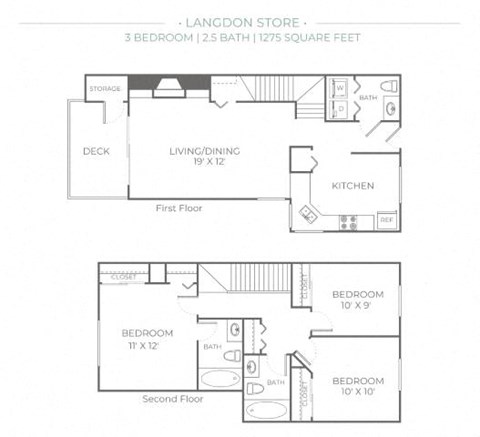 Floor plan for 3 beds, 2.5 baths, 1275 sqft