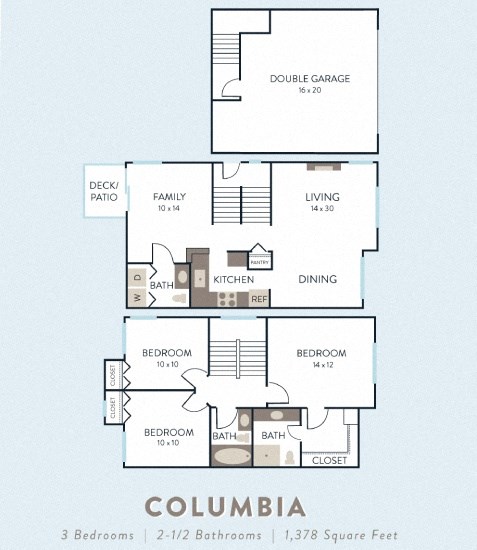 Floor plan for 3 beds, 2.5 baths, 1378 sqft