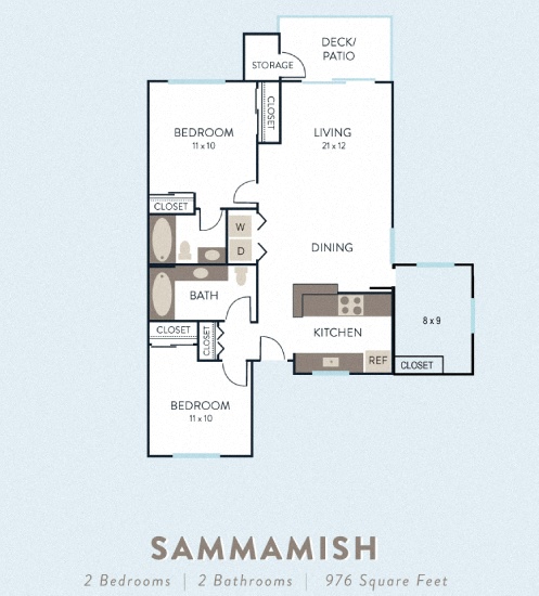 Floor plan for 3 beds, 2 baths, 976 sqft