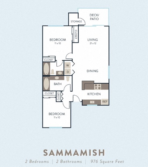 Floor plan for 2 beds, 2 baths, 976 sqft
