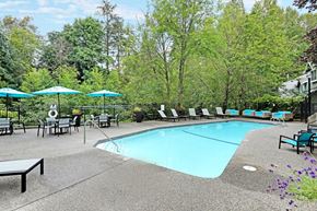 Kirkland apartment for rent - Outdoor pool with lounge chairs and turquoise umbrellas at Hidden River Townhomes Apartments, Washington, 98034