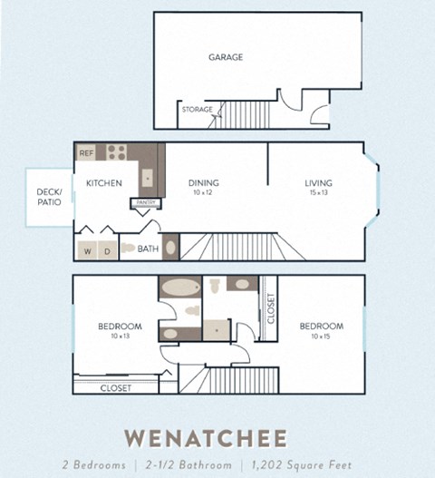 Floor plan for 2 beds, 2.5 baths, 1202 sqft