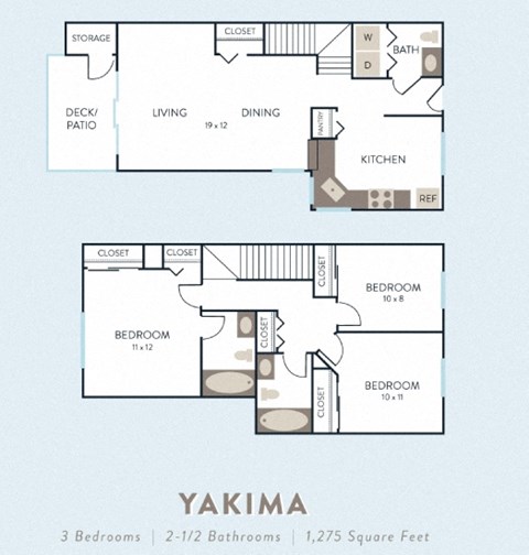 Floor plan for 3 beds, 2.5 baths, 1275 sqft