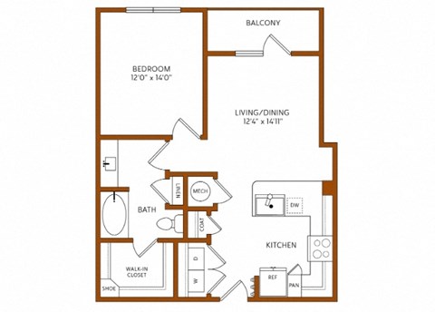Floor plan for 1 bed, 1 bath, 733 sqft