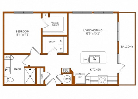 Floor plan for 1 bed, 1 bath, 787 sqft