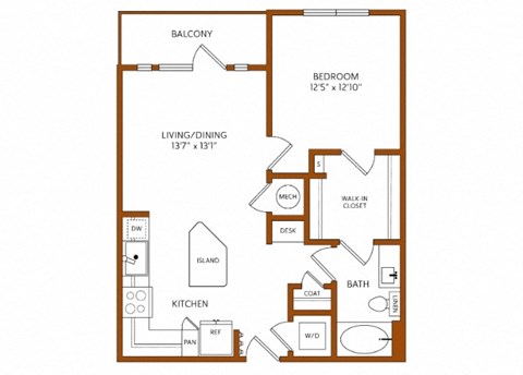 Floor plan for 1 bed, 1 bath, 742 sqft