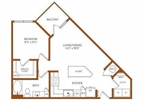 Floor plan for 1 bed, 1 bath, 732 sqft