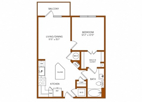 Floor plan for 1 bed, 1 bath, 692 sqft