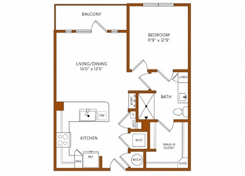 Floor plan for 1 bed, 1 bath, 740 sqft