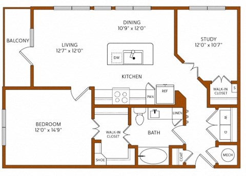 Floor plan for 1 bed, 1 bath, 936 sqft