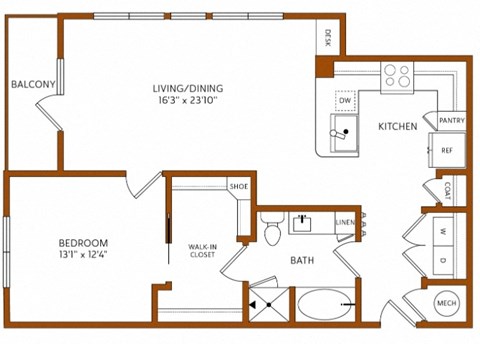 Floor plan for 1 bed, 1 bath, 896 sqft