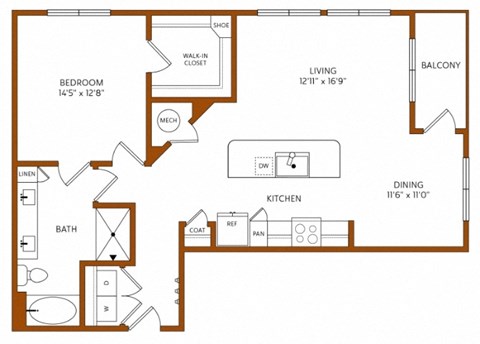 Floor plan for 1 bed, 1 bath, 1016 sqft