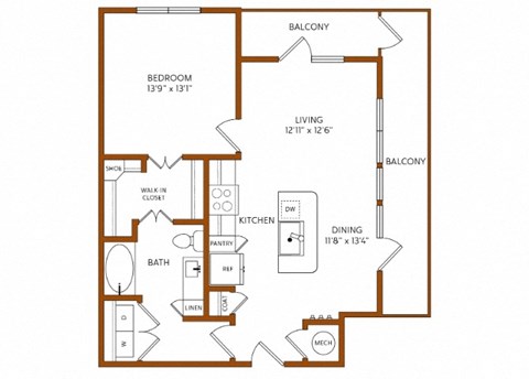 Floor plan for 1 bed, 1 bath, 773 sqft