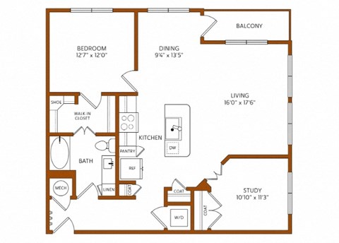 Floor plan for 1 bed, 1 bath, 1018 sqft