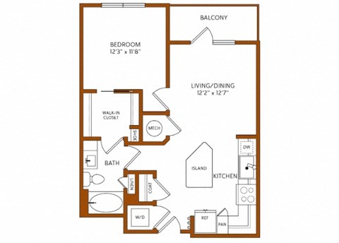 Floor plan for 1 bed, 1 bath, 668 sqft